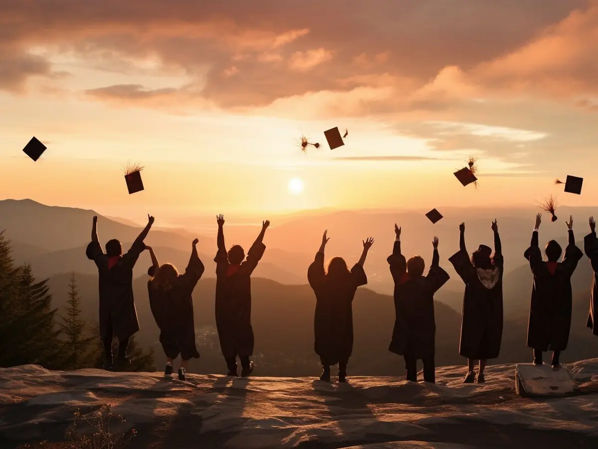 Silhuetas de formandos comemorando ao por do sol